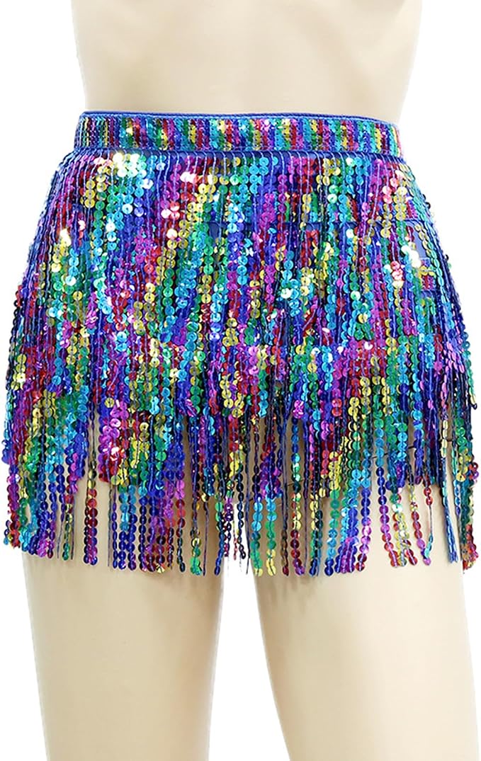 SSDH Women's Colorful Fringe Sequin Skirt Belly Dance Sparkly Tassel Skirts for Costume Carnivals, Parties, Dances, Performances