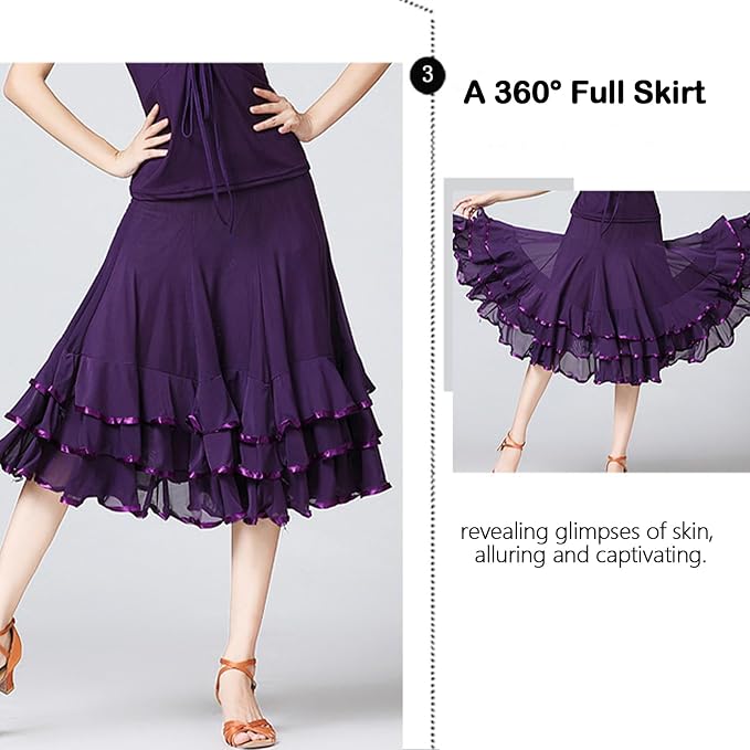 SSDH Women Elegant Ballroom Dance Skirt 3 Layer Ruffle Mesh Dance Skirt for Latin Flamenco Dance Performance