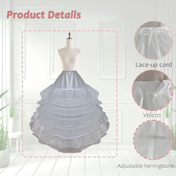 SSDH Petticoat for Women 6 Hoop Skirt Half Slips Tulle Crinoline Underskirt for Wedding Dress Floor Length