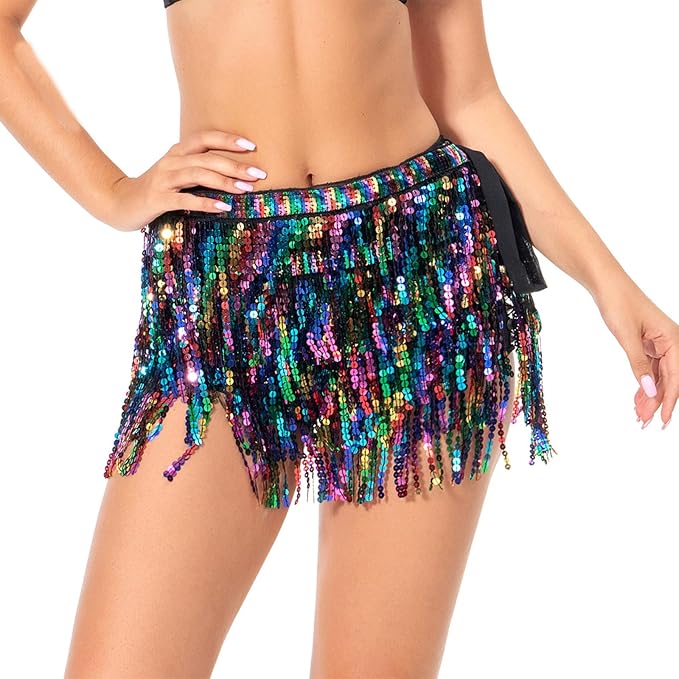 SSDH Women's Colorful Fringe Sequin Skirt Belly Dance Sparkly Tassel Skirts for Costume Carnivals, Parties, Dances, Performances