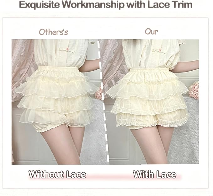 SSDH Women Multi-Layered Bloomers, Lolita 3 Tiered Ruffle Shorts, Sexy Short Pumpkin Pants, Elastic Waist Sweet Pettipants