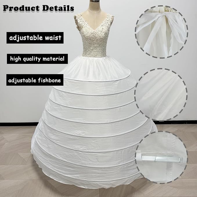 SSDH Women's Hoops Petticoat Crinoline Underskirt, A-Line Floor-Length Adjustable Waist Slip for Wedding Dress