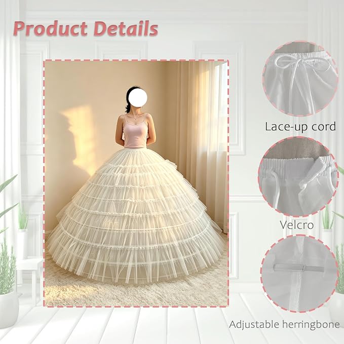 SSDH 9 Hoops Puffy Crinoline Petticoat Tulle Underskirt for Wedding White