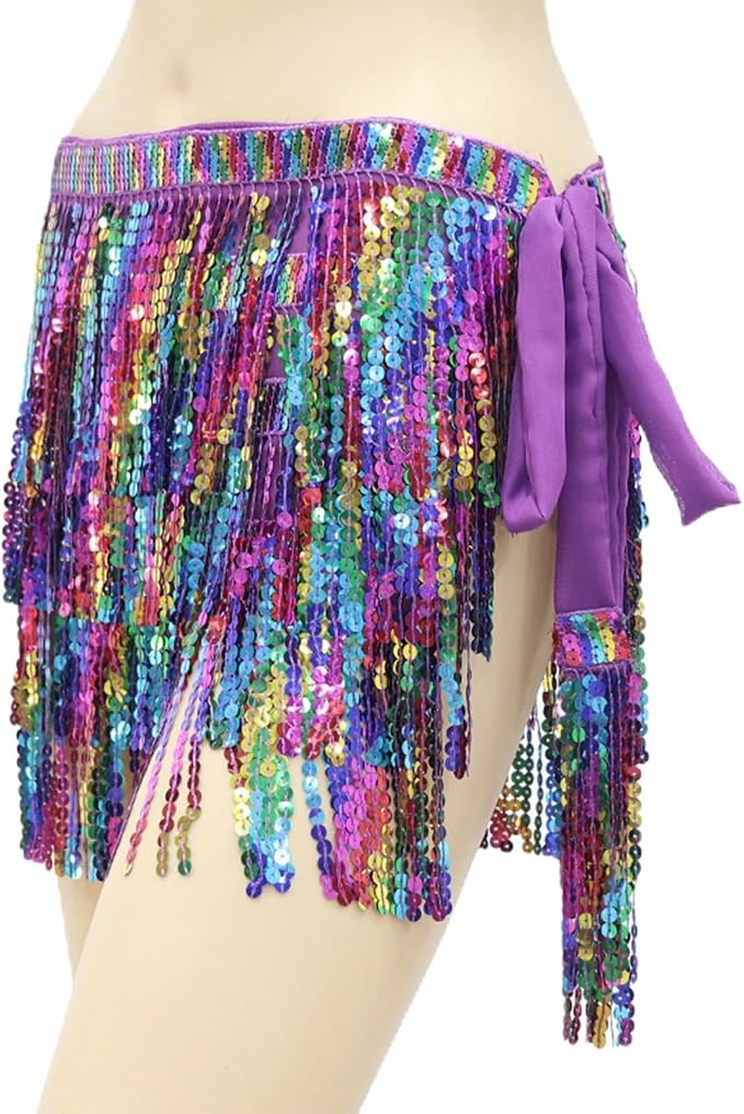 SSDH Women's Colorful Fringe Sequin Skirt Belly Dance Sparkly Tassel Skirts for Costume Carnivals, Parties, Dances, Performances