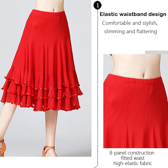 SSDH Women Elegant Ballroom Dance Skirt 3 Layer Ruffle Mesh Dance Skirt for Latin Flamenco Dance Performance