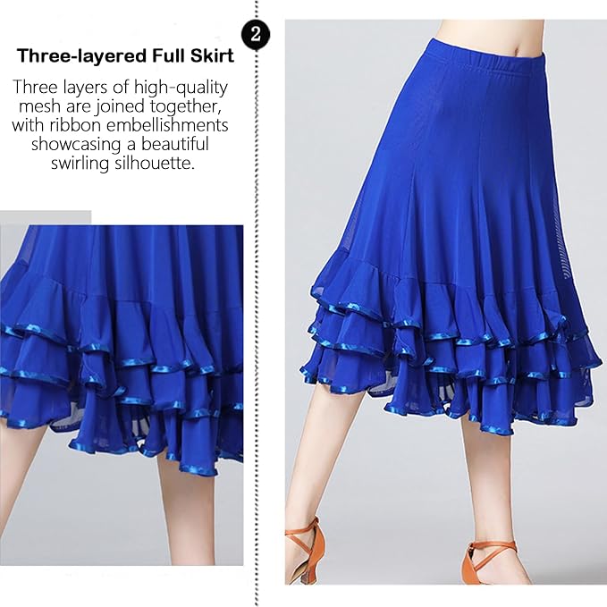 SSDH Women Elegant Ballroom Dance Skirt 3 Layer Ruffle Mesh Dance Skirt for Latin Flamenco Dance Performance