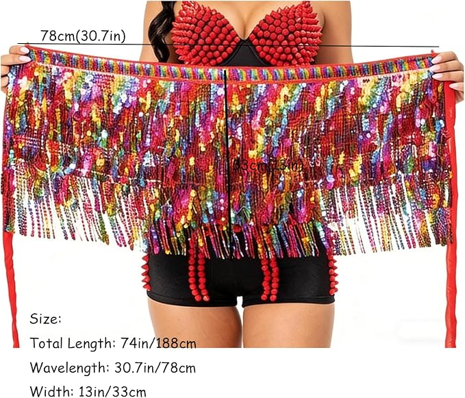 SSDH Women's Colorful Fringe Sequin Skirt Belly Dance Sparkly Tassel Skirts for Costume Carnivals, Parties, Dances, Performances