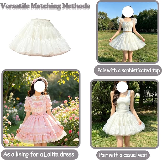 SSDH High Volume Short Lolita Petticoat Fluffy Tulle Hoopless Underskirt with Cotton Lining for Dresses, Costumes & Cosplay White