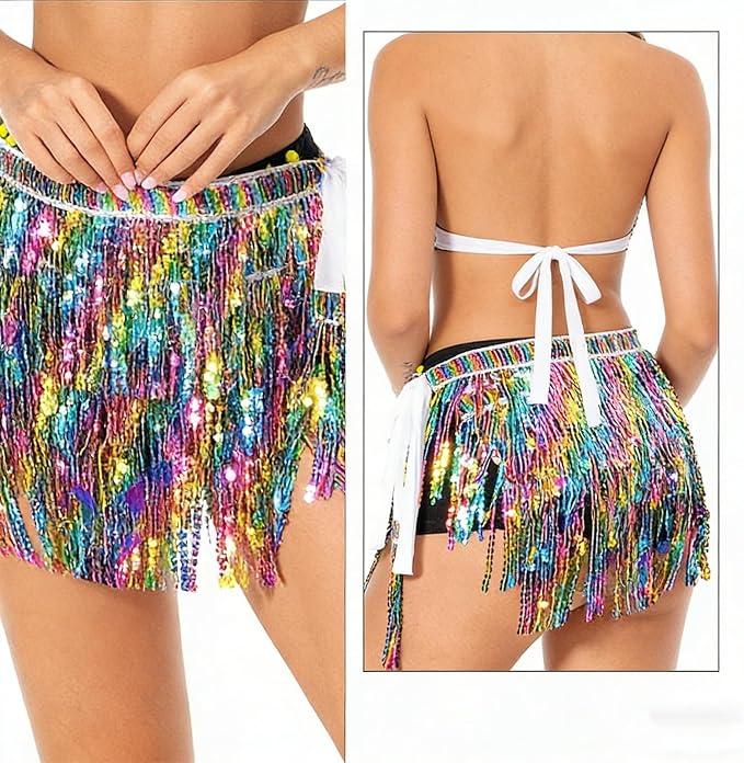 SSDH Women's Colorful Fringe Sequin Skirt Belly Dance Sparkly Tassel Skirts for Costume Carnivals, Parties, Dances, Performances