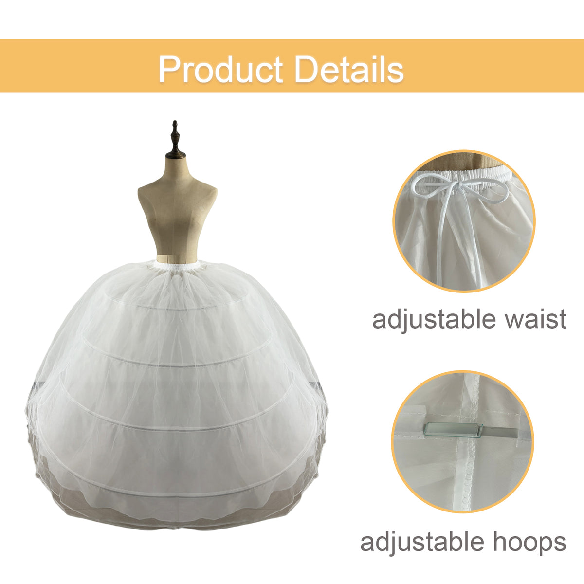 SSDH 2 Tulle Layers Puffy Crinoline Petticoat for Women White Adjustable Waist Petticoat Skirt Slips Long Underskirt for Wedding Dress Bridal Gown