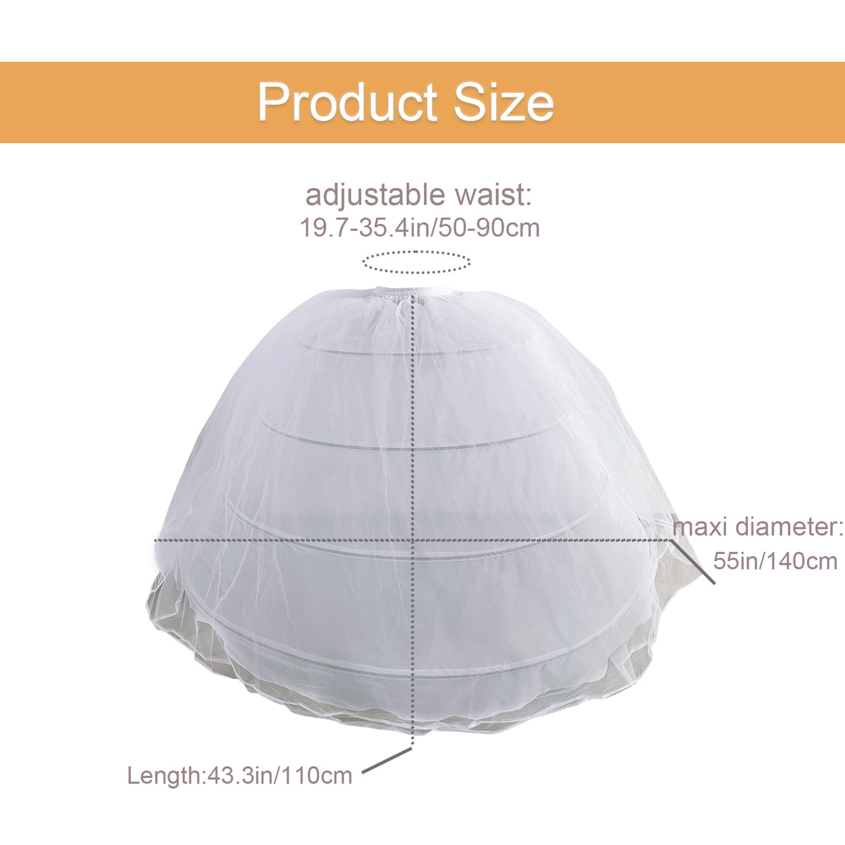 SSDH 2 Tulle Layers Puffy Crinoline Petticoat for Women White Adjustable Waist Petticoat Skirt Slips Long Underskirt for Wedding Dress Bridal Gown